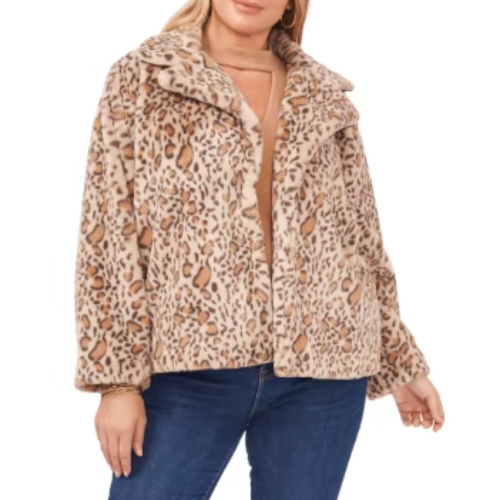 1. State Women's Faux Fur Leopard Print Jacket with Side Pockets Size: 2X